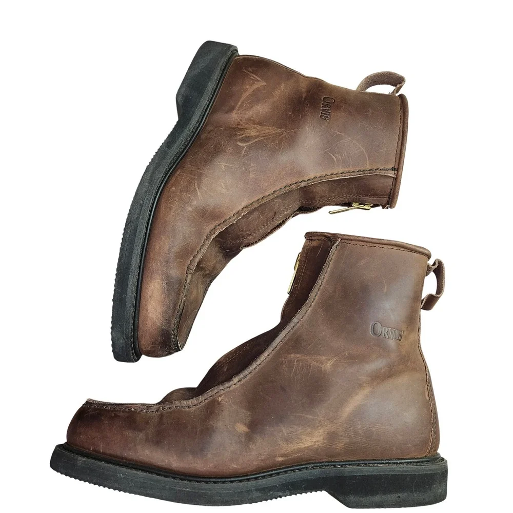 Orvis Mens Brown Leather Shearling Lined Front Zip Moc Toe Boots Size 9